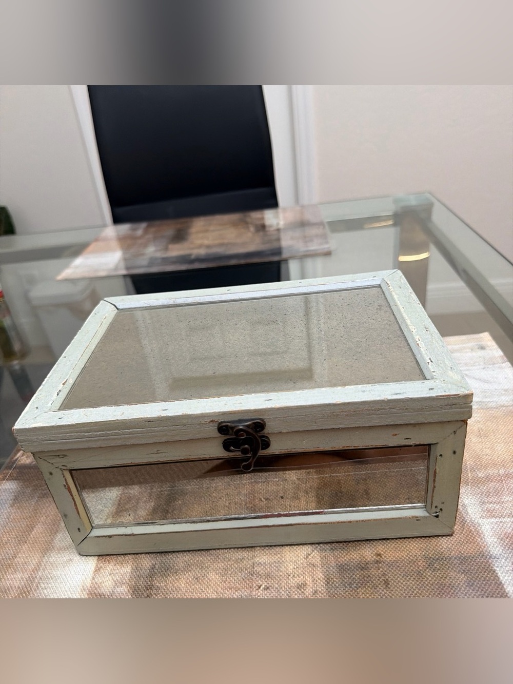 Distressed White Glass-Top Jewelry Box with Vintage Latch